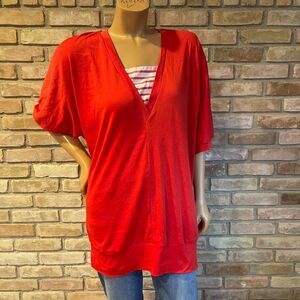 Vintage Casual Classic Red Oversized Shirt V Neck 80s 90s Large Indie Minimalist